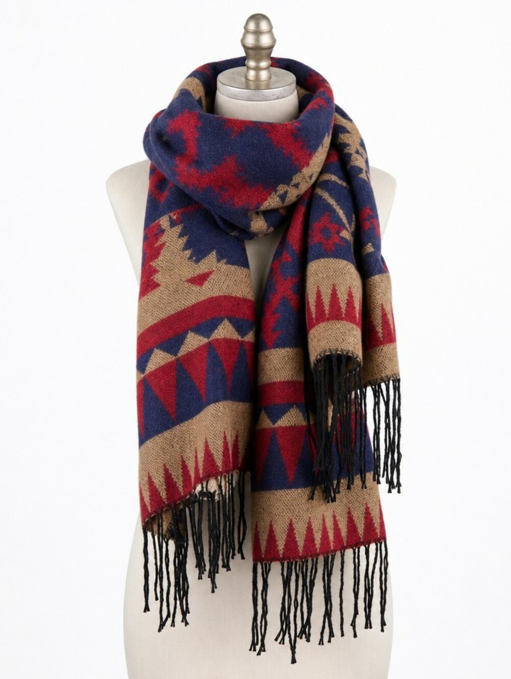 Southwest Aztec Blanket Scarf Burgundy Navy Tan | Boho Western Reversible Fringe